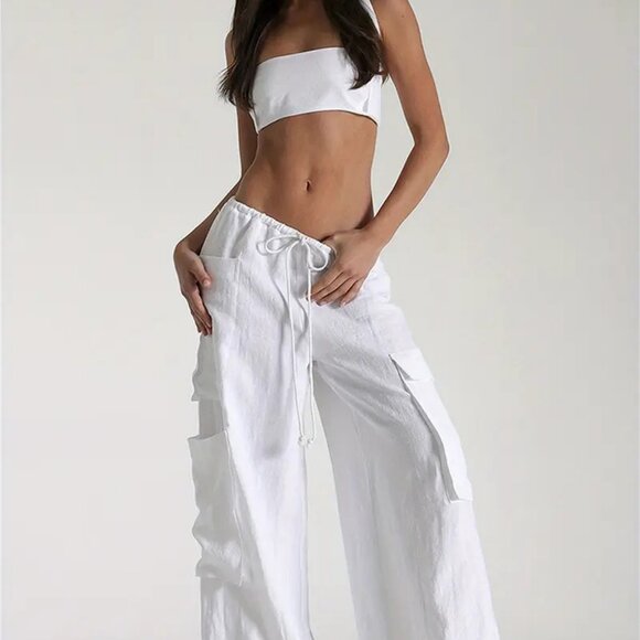 Pants - White Wide Leg Cotton Cargo Pants